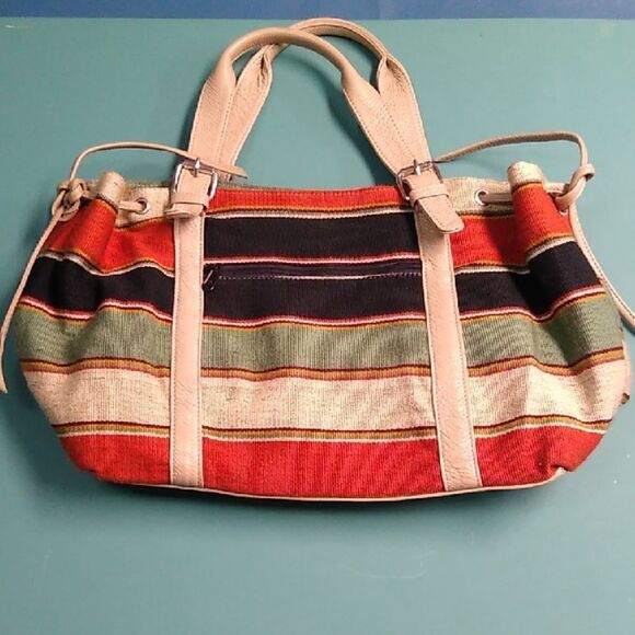 Vintage Danilos Kilim Woven Red and Green Southwest Leather Straps Bag - Picture 1 of 9